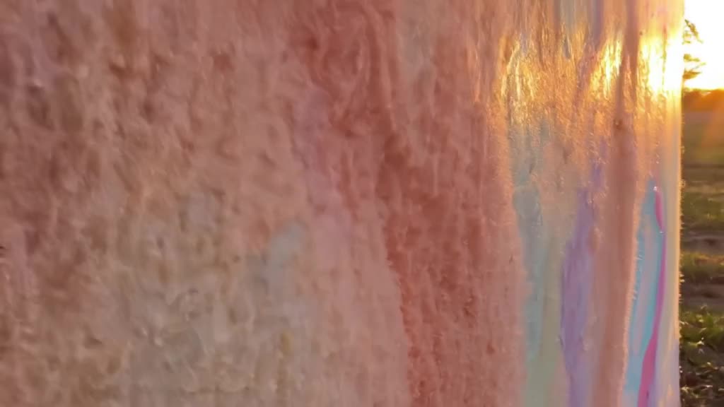 Tiny artist paints a mural on a giant peach fuzz surface. The brush strokes leave visible…