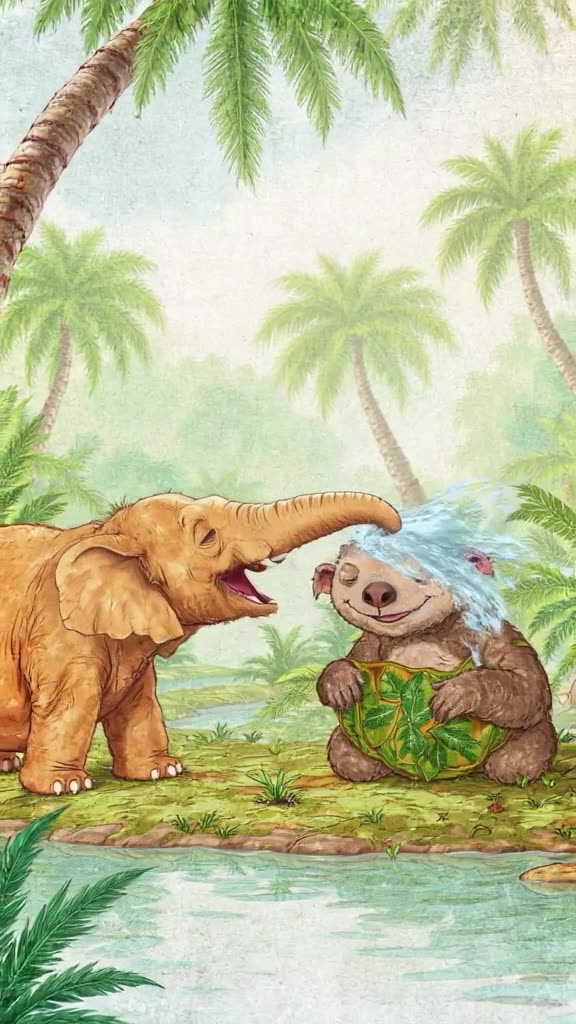 A baby elephant sprays water from its trunk, hitting a slumbering sloth. The sloth opens …