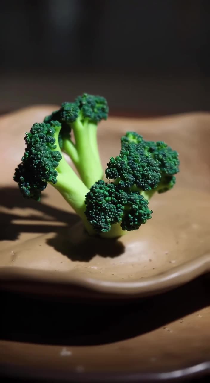 A lone broccoli floret sits on a plate, shivering dramatically as a fork approaches. It l…