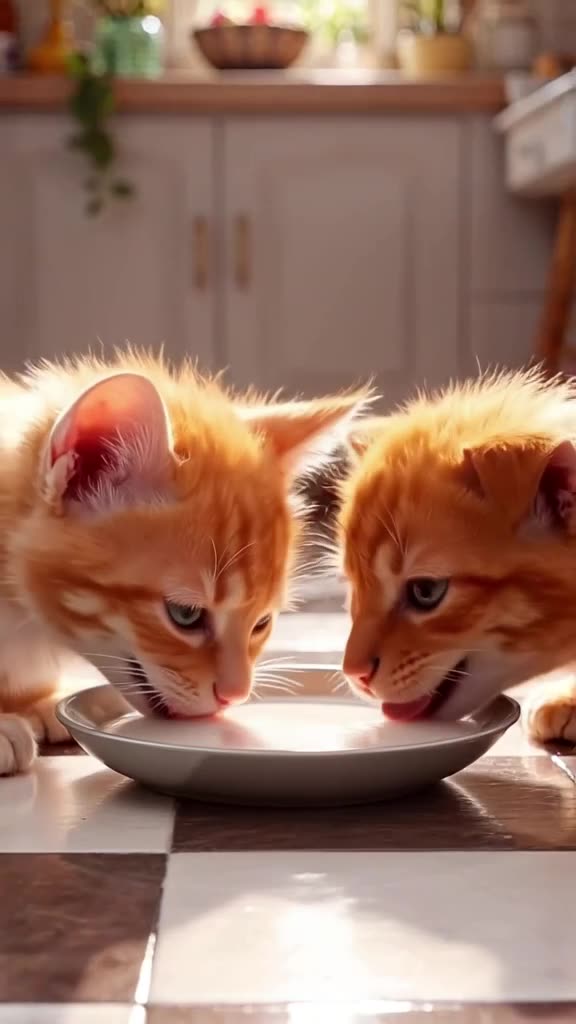 A kitten and a puppy sharing a single saucer of milk on a checkerboard kitchen floor. Bri…