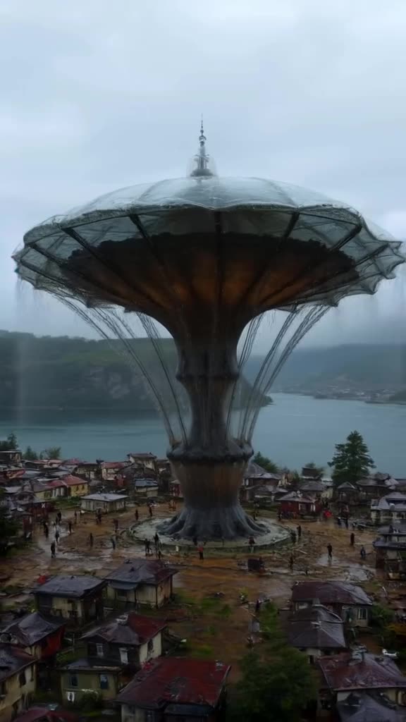 A giant jellyfish-shaped umbrella floats over a fjord village. It rains only inside its d…