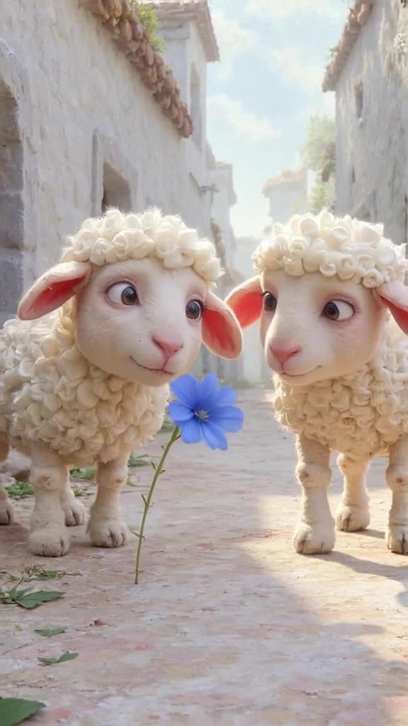 Cute baby sheep in a white-washed village alley, staring at a single blue flower. It dram…