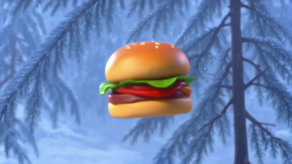 A burger floats in mid-air against a backdrop of snowing pine branches outside a large wi…