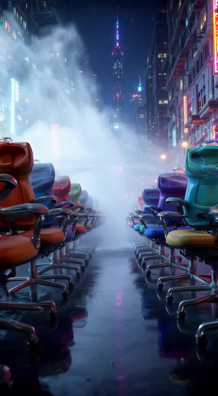 A stack of colorful office chairs lined up like soldiers receives a high-pressure water j…