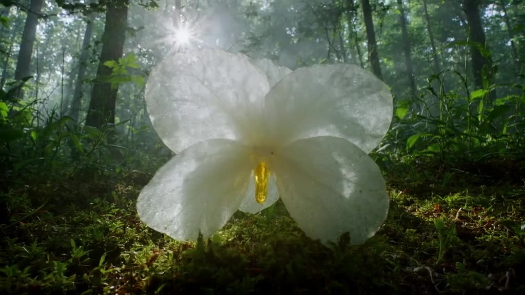 A delicate, translucent glass orchid petal lifts slowly in a misty rainforest morning. In…