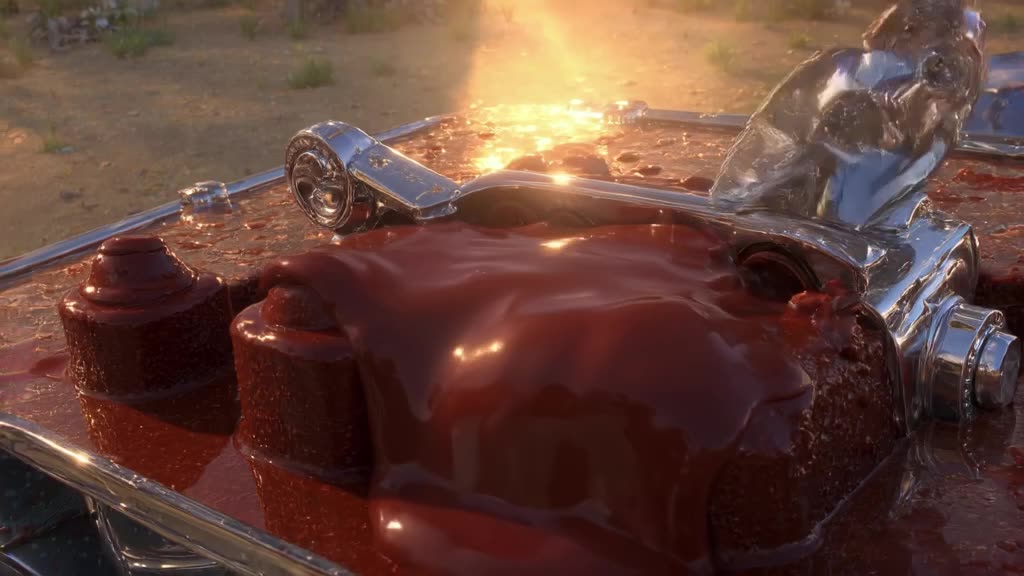 A glossy sports car engine block melts into a rich chocolate lava cake, oozing warm ganac…