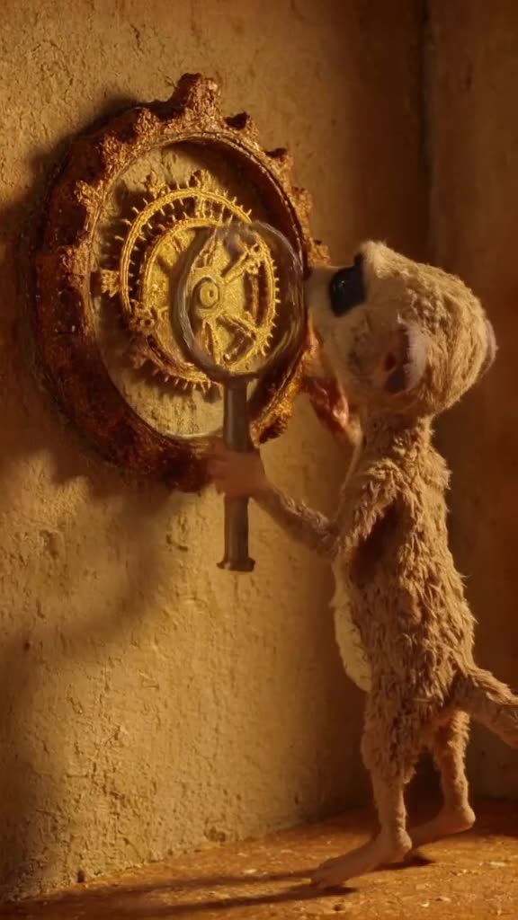 Meerkat standing on hind legs holds a magnifying glass, inspecting a tiny gear on a wall …