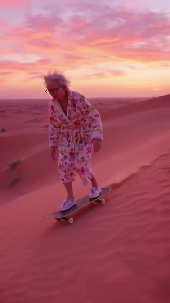 A wise grandmother in a floral bathrobe skateboards down a steep dune of pink sand. Her g…