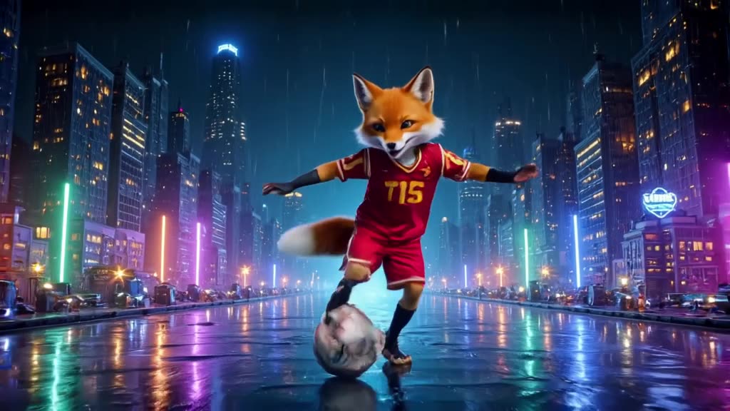 A fox in a red jersey performs a crossover dribble, spinning the ball on one finger. Neon…