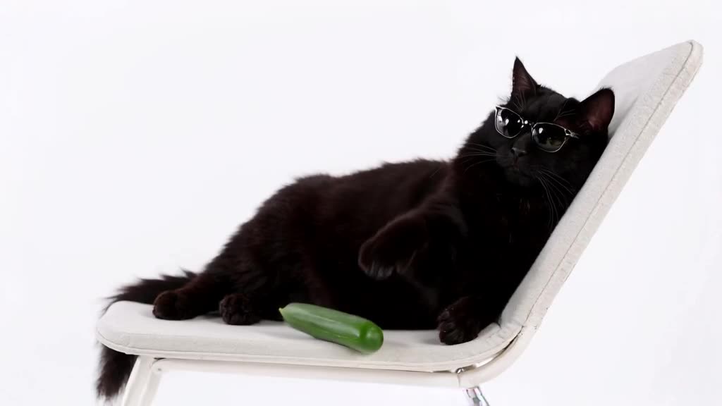 A black cat in stylish sunglasses lounges on a white chair. A cucumber rolls in and stops…