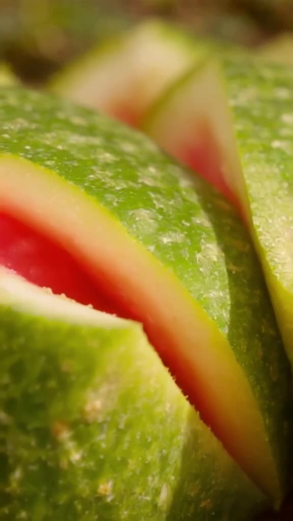 A slice of watermelon rolls into the frame and morphs seamlessly into a scoop of pink wat…