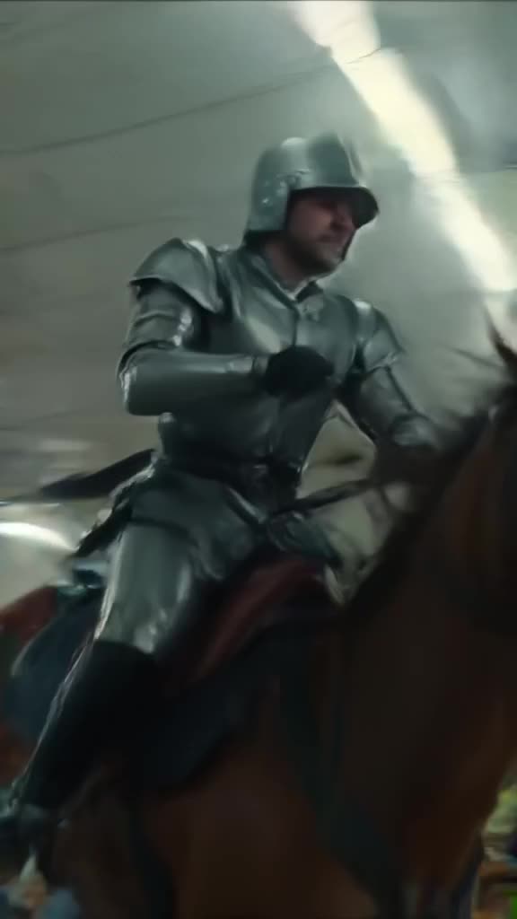 A knight on horseback rides into a modern convenience store, knocking over a rack of chip…