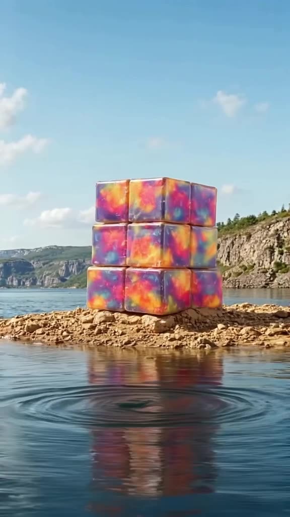 A building made of stacked, glowing jelly cubes sits by the fjord shore. It wobbles like …