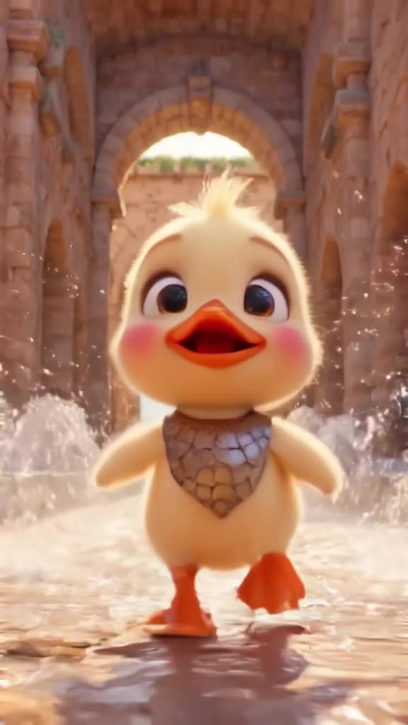 A baby duckling wears a miniature centurion breastplate, waddling through a sun-drenched …