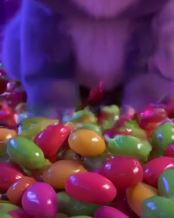 A persian cat paws at a pile of jelly beans. With every tap, the beans bounce with imposs…