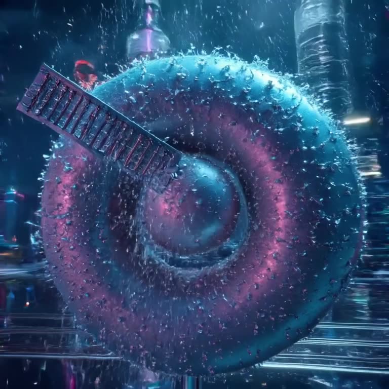 A giant lollipop is being shaved by a tiny artist using a giant comb. Shavings of sugar r…