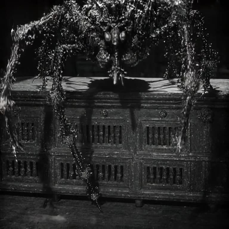 A mechanical spider with jeweled legs tap-dances on a grand piano in a dark, gothic libra…