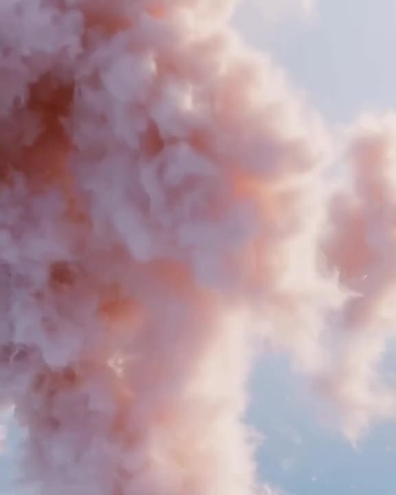 A fluffy cloud-like sheep is being brushed by a giant, gentle hand. Strands of wool detac…