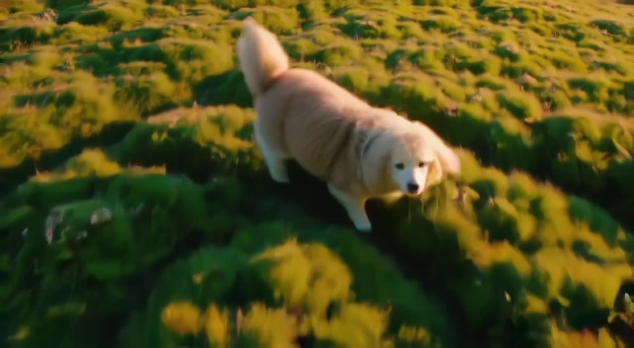 Drone view of a fluffy sheepdog rolling down a green hill. Bright, saturated greens. The …