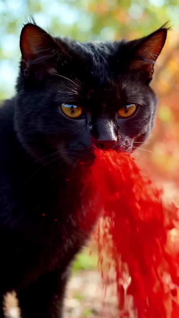 Close-up of a sleek black cat’s face as a stream of bright red gulal powder pours down li…