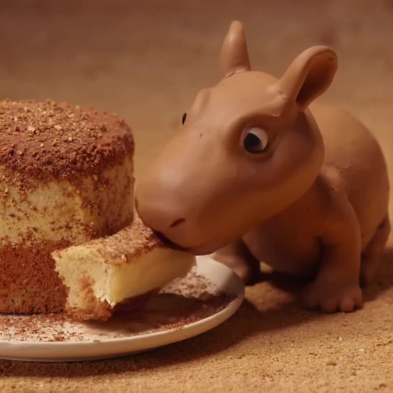 A capybara sits calmly next to a massive tiramisu. It gently nudges a slice off the plate…