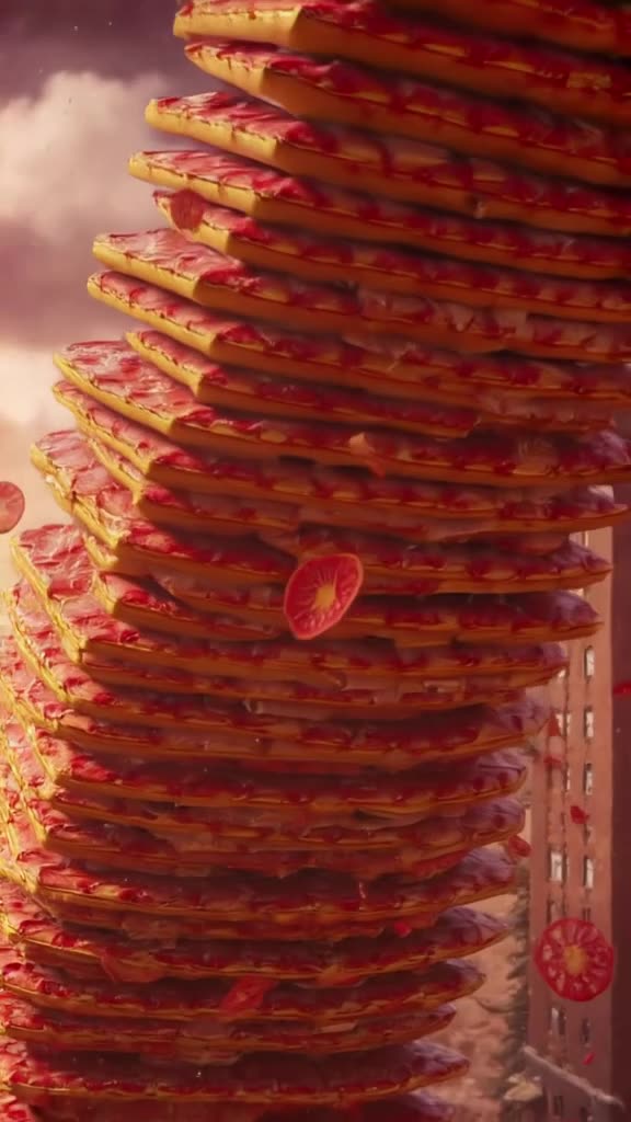 A skyscraper made of stacked pizza slices tilts and collapses slowly, but the pepperoni s…