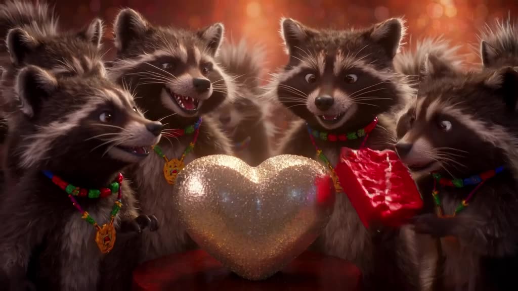 A group of raccoons wearing LEGO necklaces huddle around a shiny LEGO heart. One raccoon …