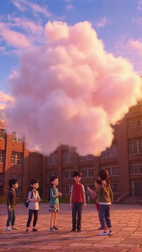 Anime style. A cloud made of fluffy cotton candy floats above the school courtyard. Child…