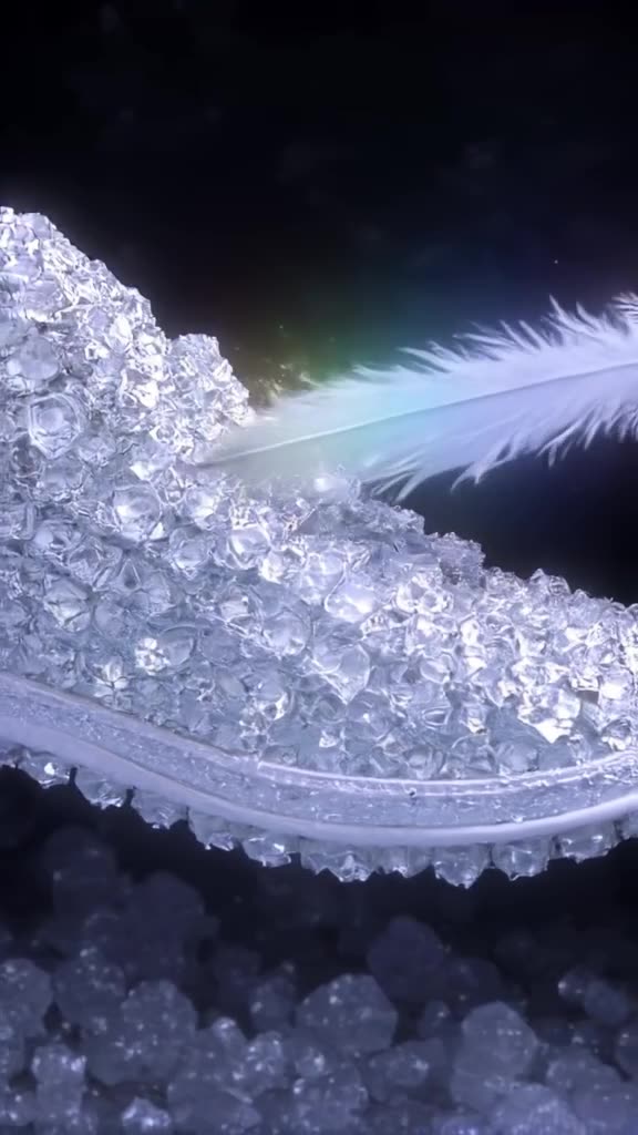 A sneaker made of crystallized sugar crystals shatters into rainbow dust when a feather t…