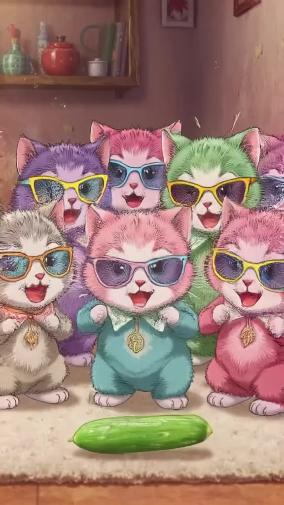 A group of kittens wearing mismatched sunglasses play on a soft rug. One cucumber enters,…