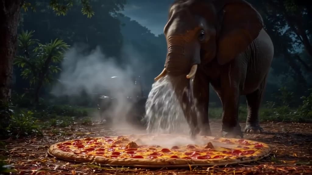 A baby elephant sprays water from its trunk onto a giant pepperoni pizza, cooling it down…