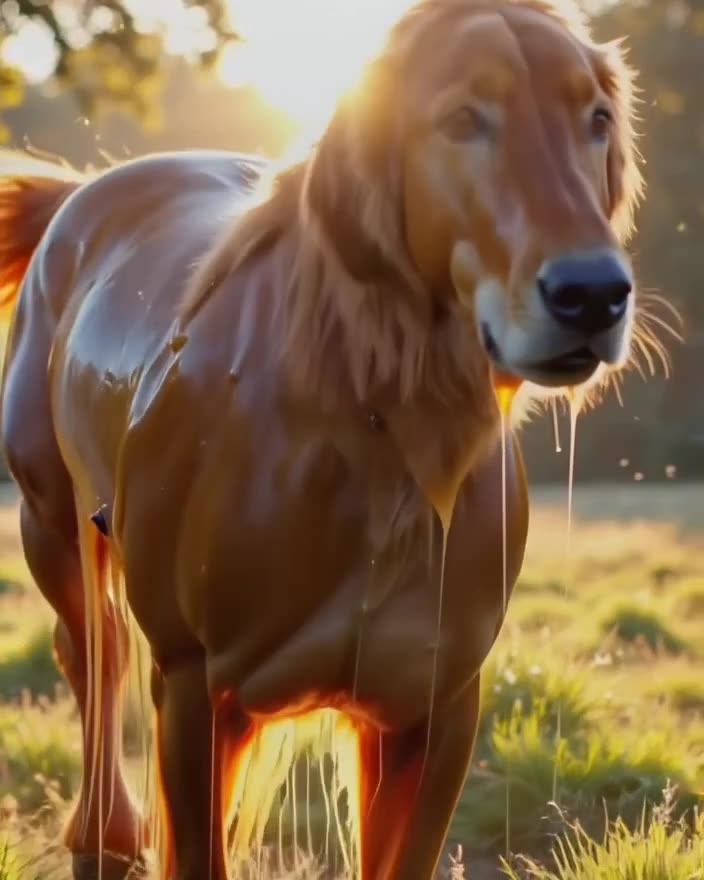 A golden retriever-horse hybrid made of thick, slow-moving honey gallops across a sun-dre…