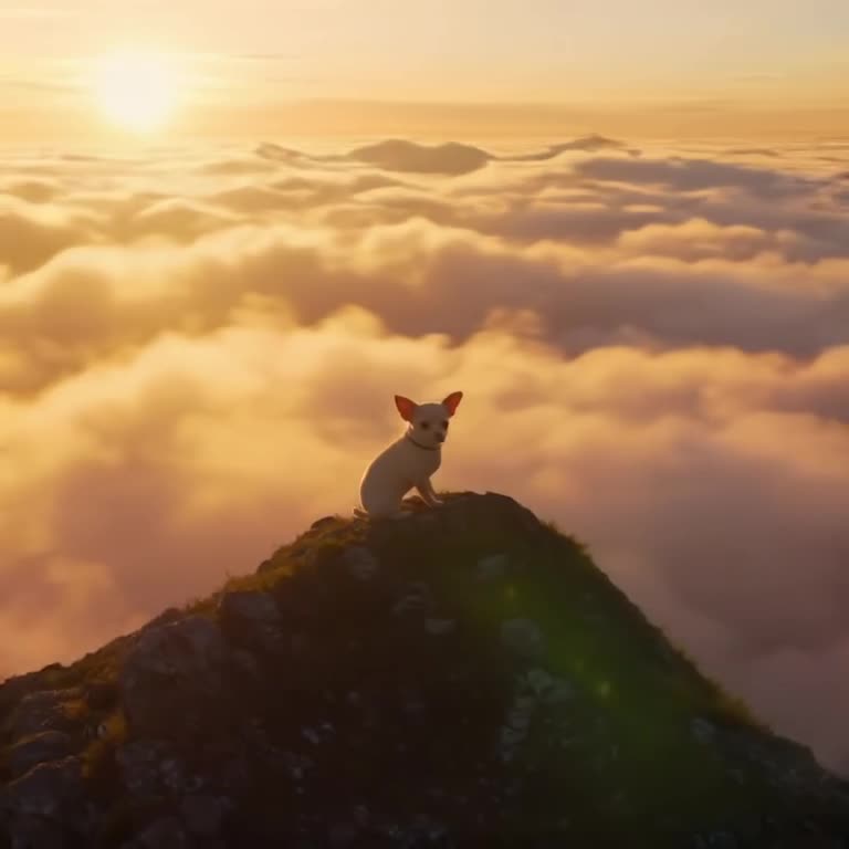 A tiny chihuahua sits atop a mountain peak at sunrise. Dramatic clouds swirl below. Camer…