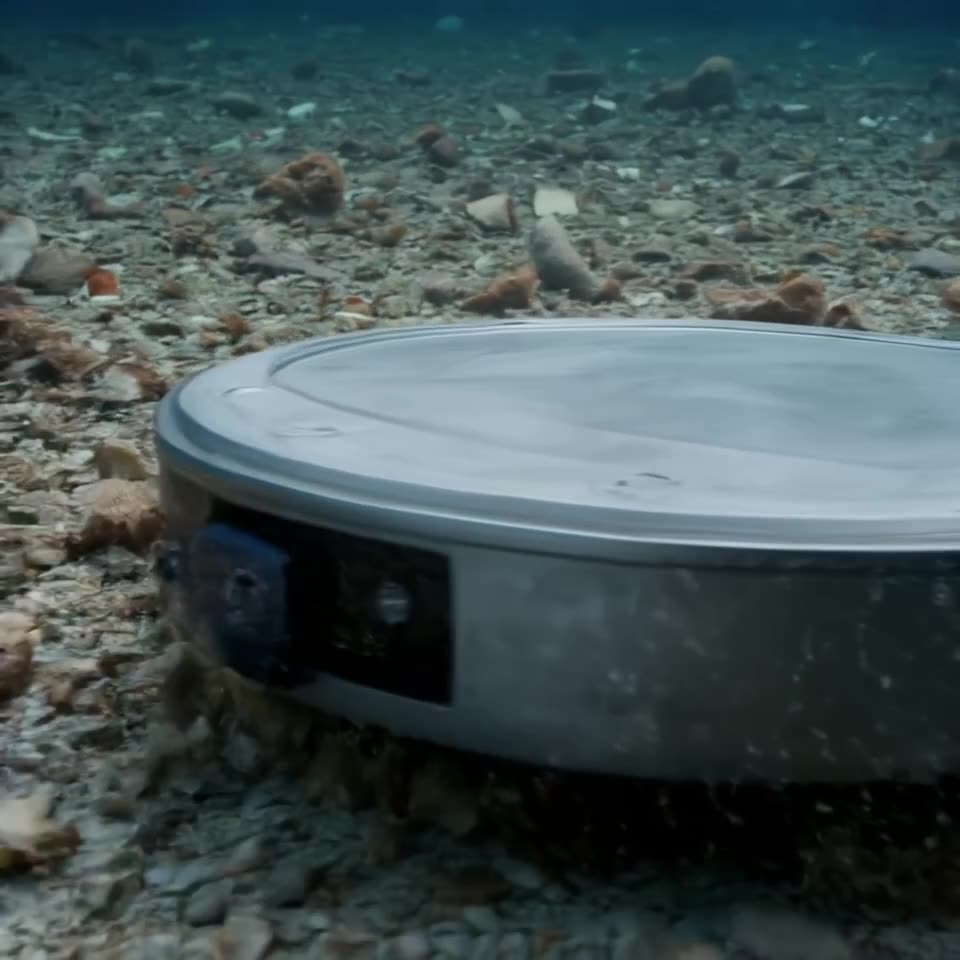 A sleek, futuristic underwater vacuum cleaner designed for cleaning oceans sucks up plast…