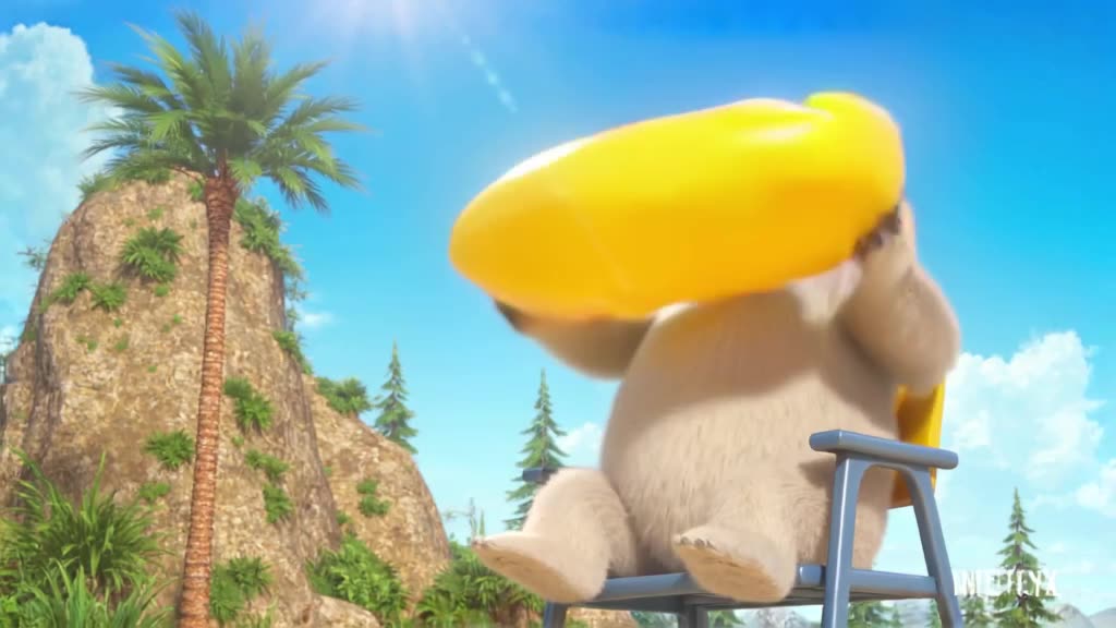 A polar bear in a lifeguard chair holds a bright yellow floatie, trying to inflate it. It…