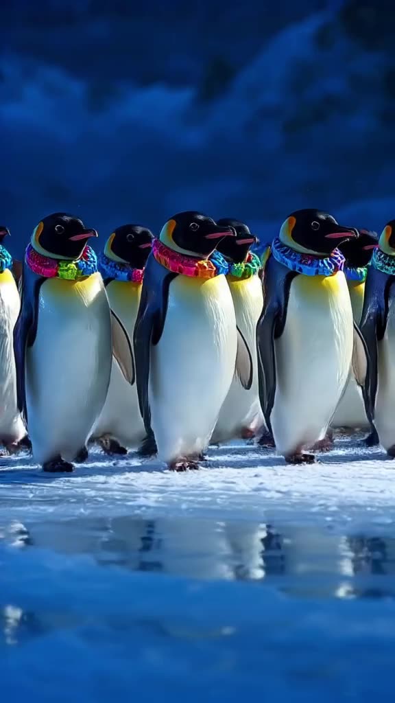 A group of penguins waddles in a perfect line, each wearing a different colored LEGO bric…