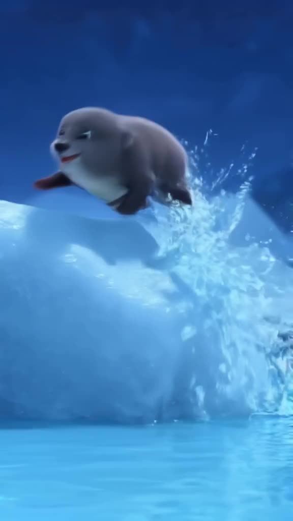 A baby seal pup wiggles on a chunk of ice, splashing water that glitters in the blue arct…