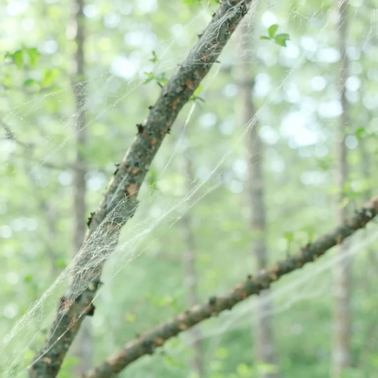 Spiderwebs stretch and snap between branches during a gentle breeze, vibrating like guita…
