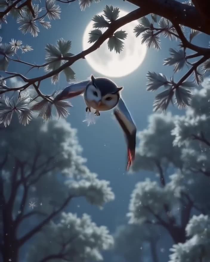 A snowy owl swoops down silently through a moonlit forest, catching a shimmering snowflak…