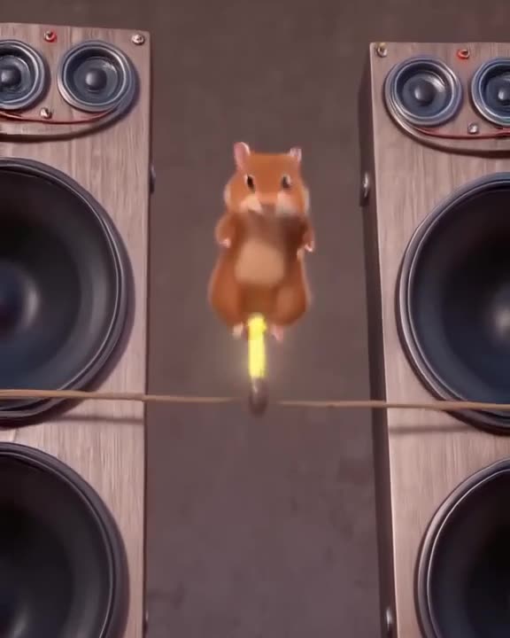 A hamster rides a glowing unicycle across a tightrope strung between two giant speakers. …