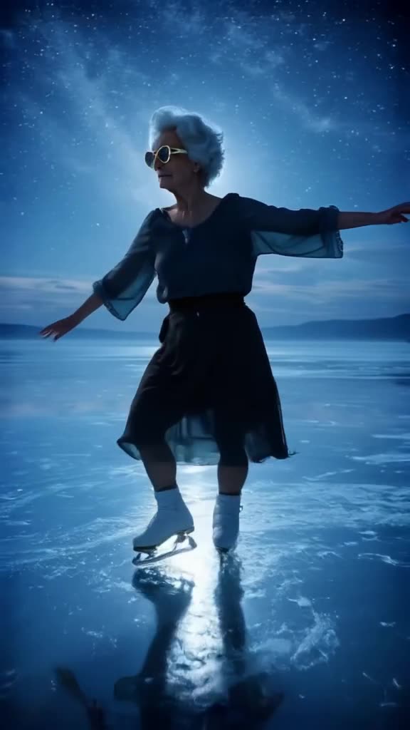 A stylish elderly woman in geometric sunglasses ice-skates gracefully on a frozen lake un…