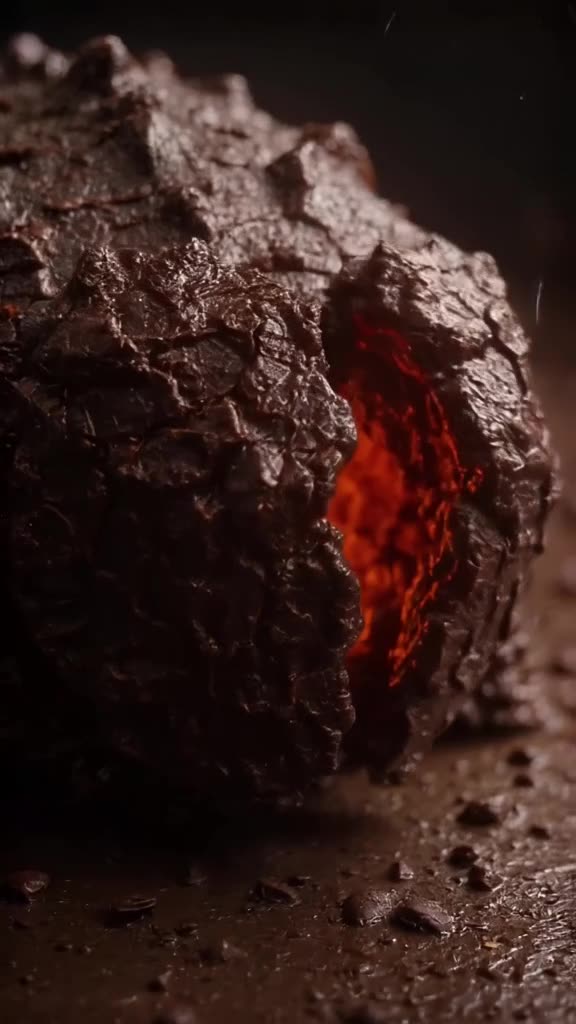 A tiny Ankylosaurus made of dark chocolate cracks open to reveal a glowing ember inside. …
