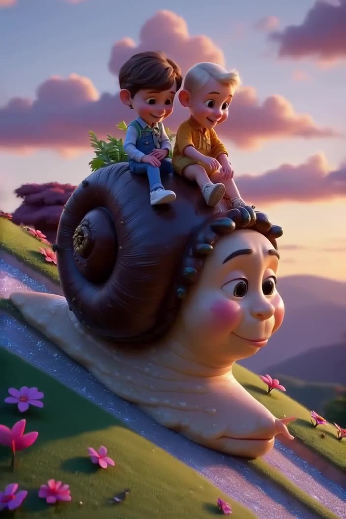 A grandpa rides a giant, slow-moving snail down a steep hill. The snail leaves a glittery…