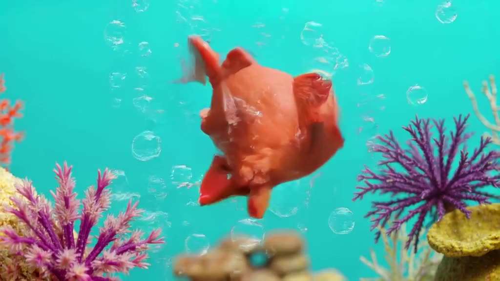 A claymation fish bubbles happily while dancing in a coral reef. Vibrant turquoise water …
