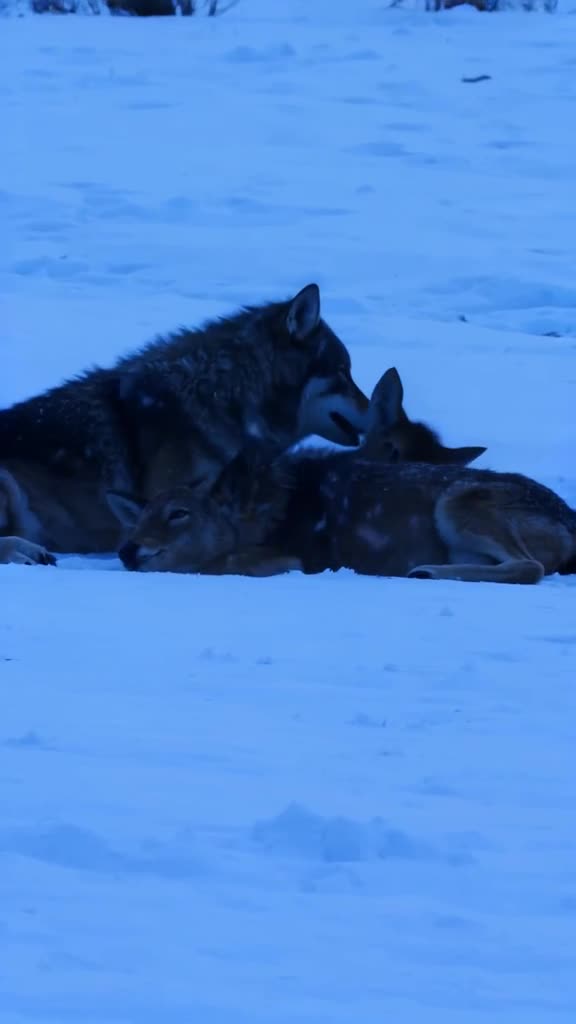 A wolf and a deer lying together in a snowy field, sharing body heat. White snow contrast…