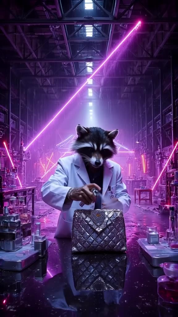 A raccoon in a lab coat sprays perfume on a diamond-encrusted watch attached to a Prada b…