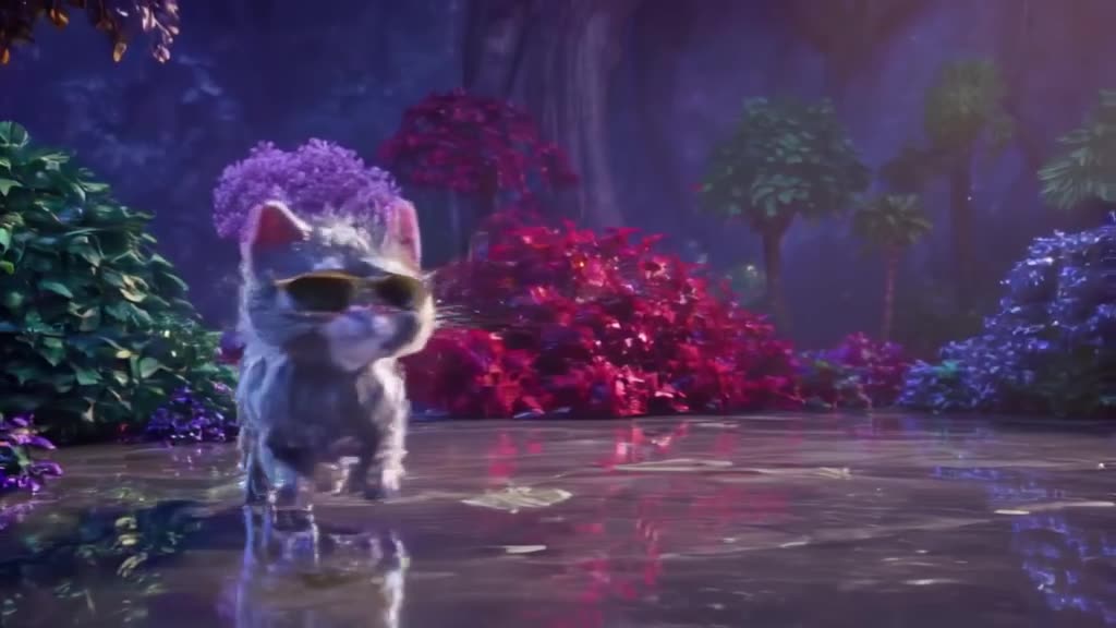 A robot cat wearing sunglasses purrs, causing its metal fur to ripple like water. It jump…