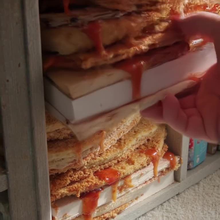 A bookshelf filled with books that are actually stacked pancakes with syrup dripping down…