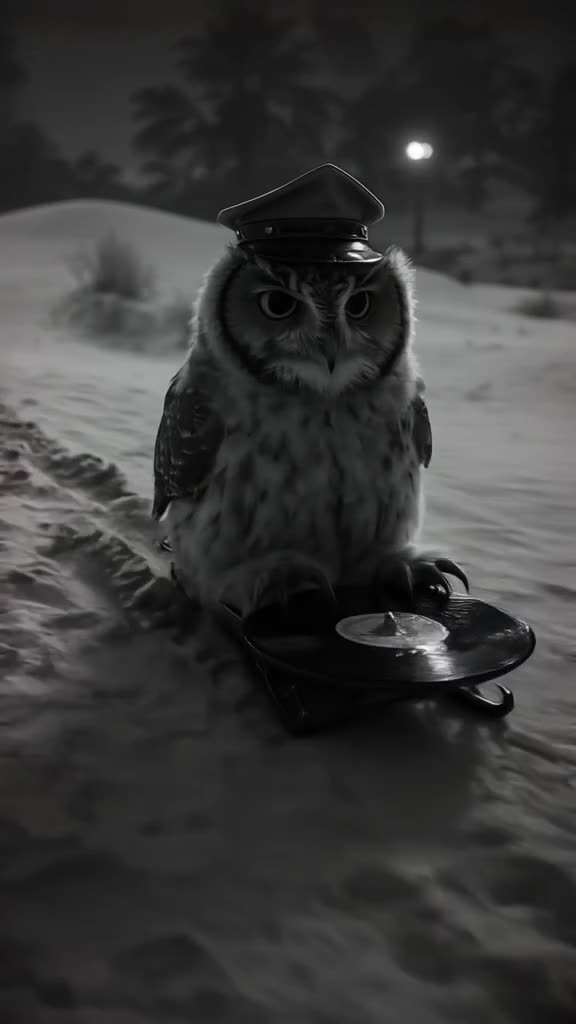 A wise owl wearing a detective hat slides down a sand dune on a sled made of a vinyl reco…