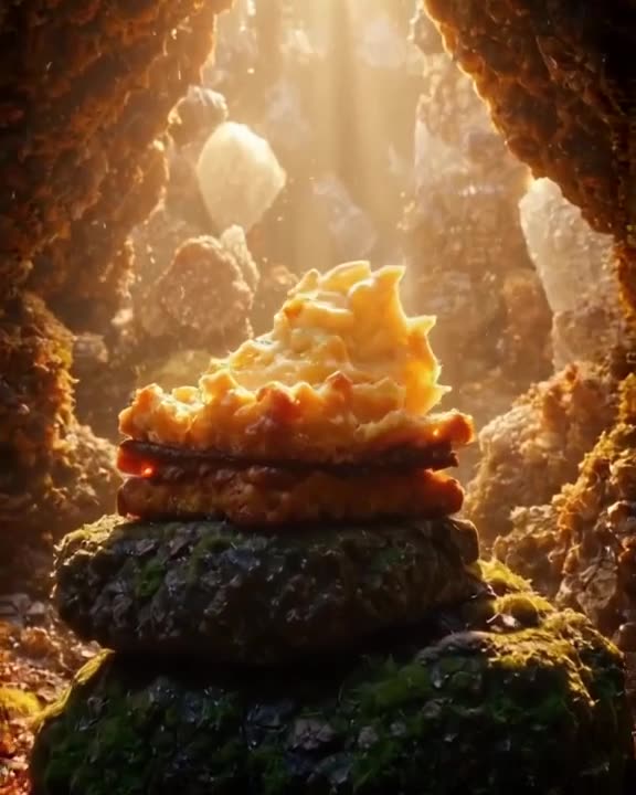 A crusty, cheesy grilled cheese sandwich sits on a mossy rock inside a glowing geode cave…